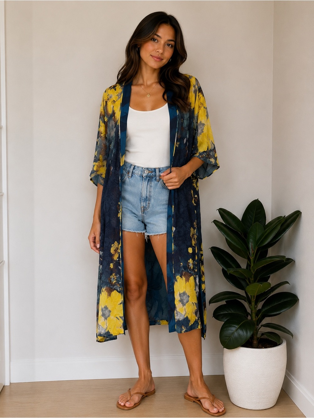 Floral Open Front Kimono Duster Cardigan Size S/M